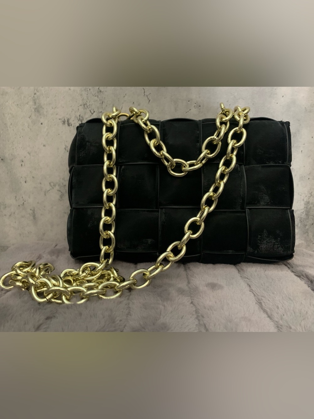 Black Woven Shoulder Bag with Gold Chain Strap